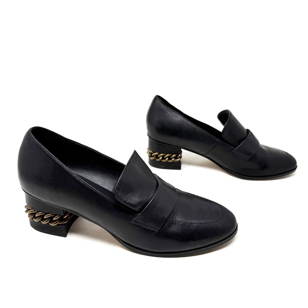 [Kurt Geiger London] Black Raquel Block Heel Leather Loafers Chain Sz 39 US 8.5